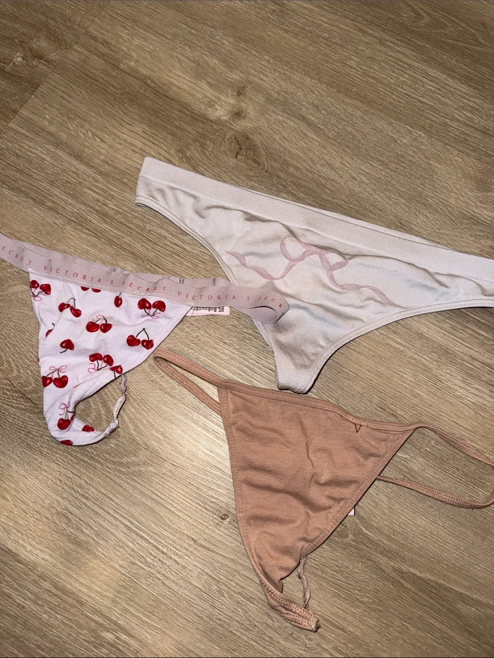 Victoria's Secret Cherry Print, Blush and Nude Thong Trio